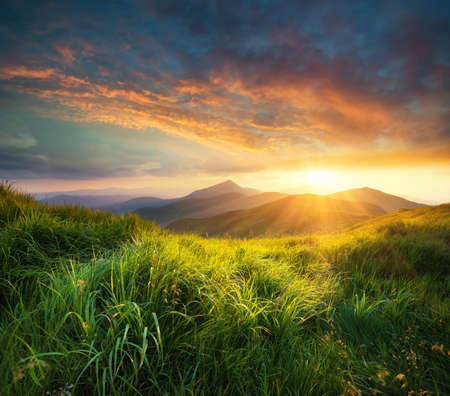 Mountain valley during sunset. Natural summer landscapeの写真素材