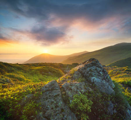 Mountains during sunset. Beautiful natural landscape in the summer timeの写真素材