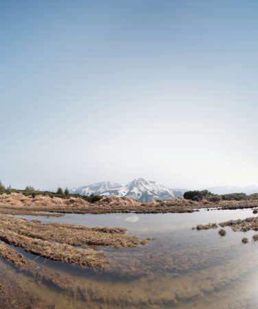 Lake in th mountain valley. Beautiful natural landscape in the spring timeの写真素材