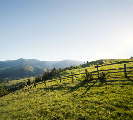 Fence on the mountain hills. Beautiful natural landscape in the summer timeの写真素材