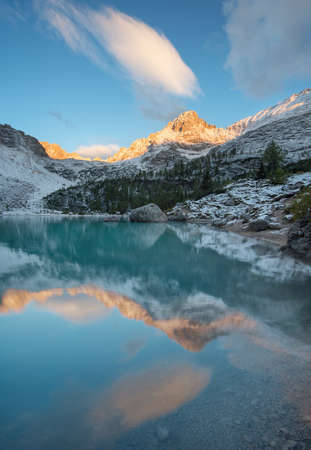 Lake in the mountain valley in the Italy. Beautiful natural landscape in the Italy mountains.の写真素材