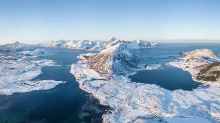 Panorama of mountains and sea. Beautiful natural aerial landscape in the Norwayの写真素材