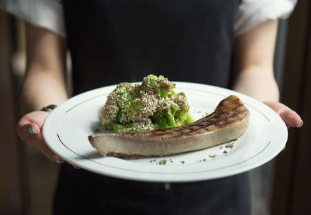 Steak and grill vegetables as a dinner background. Concept and idea of tasty foodの写真素材