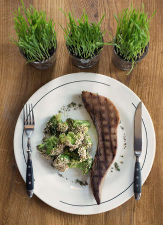 Steak and grill vegetables as a dinner background. Concept and idea of tasty foodの写真素材