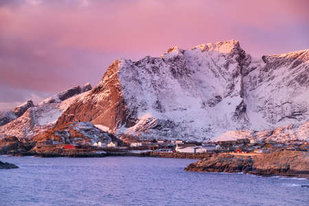 Mountains in the Lofoten islands bay. Natural landscape during sunriseの写真素材