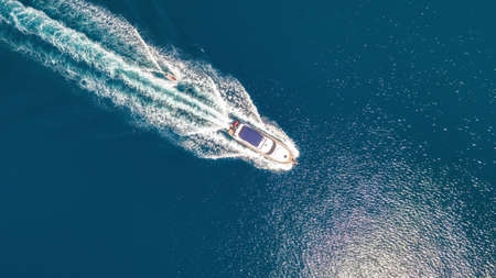 Aerial view on the sea and boat. Beautiful natural seascape at the summer timeの写真素材
