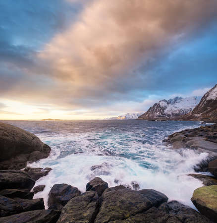 Seascape during storm and sunrise. Natural seascape in the Norwayの写真素材