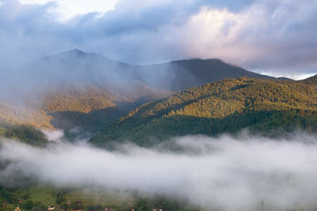 Mountain valley in the mist. Beautiful natural landscape at the summer time during sunrise