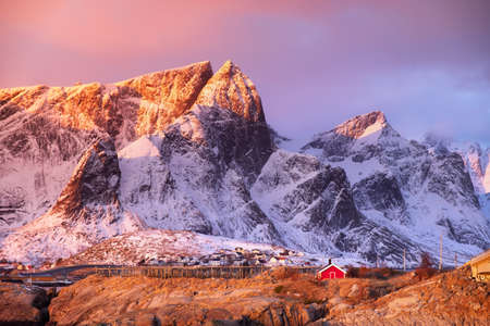 Mountains in the Lofoten islands bay. Natural landscape during sunriseの写真素材