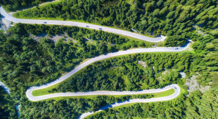 Aerial view on the road and forest. Natural landscape from drone. Aerial landscape from air in the Austriaの写真素材