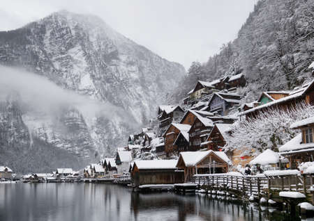 Hallstat village in the Austria. Beautiful village in the mountain valley near lake. Natural winter landsape in Austriaの写真素材