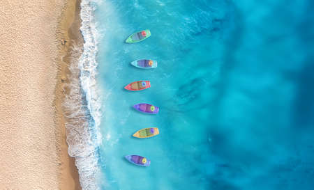 Boats from air. Aerial view on sea in Turkey. Summer seascape with clear water in sunny day. Top...