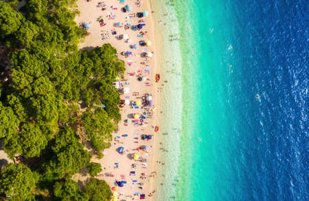 Croatia. Aerial view on the beach. Vacation and adventure. Beach and turquoise water. Top view from...