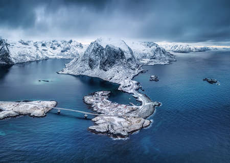 Aerial view on the Reine, Lofoten islands, Norway. Mountains and ocean. Landscape from drone. Norwau travel - imageの写真素材