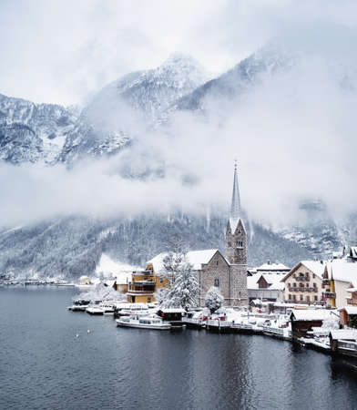 Hallstat village in the Austria. Beautiful village in the mountain valley near lake. Mountains landscape and old town. Travel - Austriaの写真素材