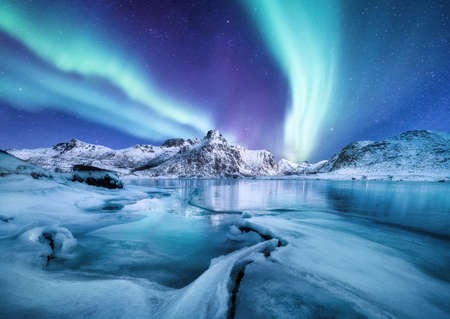 Aurora Borealis, Lofoten islands, Norway. Nothen light, mountains and frozen ocean. Winter landscape at the night time. Norway travel - imageの写真素材