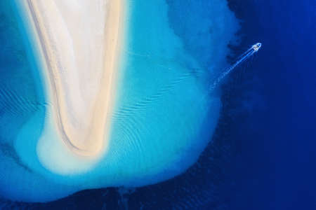 Croatia. Aerial view on the beach and boat. Beach and sea from air. Famous place in Croatia. Summer...
