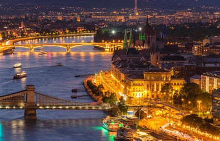 View of Budapest at night, Hungary. Parliament building, bridges and the Danube River. Landscape from above.の写真素材