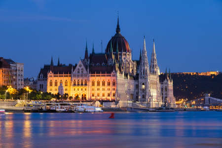 Budapest, Hungary. A classic view of the historic parliament building. Danube River and Parliament at hight.の写真素材