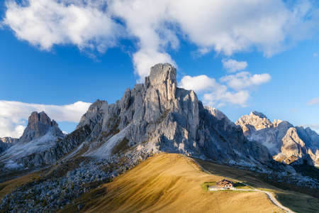 Giau Pass, San Vito di Cadore, Province of Belluno, Italy. The Dolomite Alps, Italy. View of the mountains and high cliffs during sunset. Natural landscape. Photo in high resolution.の写真素材