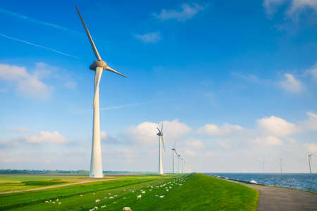 A wind farm for the production of electrical energy. The Netherlands, Europe. Renewable energy sources. Sea coast. Modern technology.の写真素材