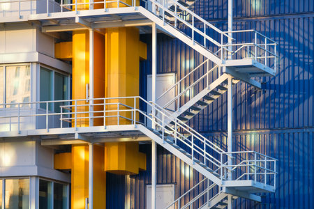 A staircase in a factory. Industrial photography for the background. Manufacturing and manufactory. Bright pipes against a blue wall. Heavy industry.の写真素材
