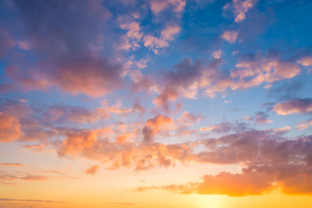 Sky with clouds during sunset. Clouds and blue sky. A high-resolution photograph. Panoramic photo for design and background.の写真素材