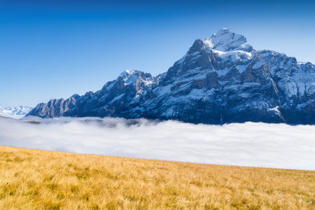 Mountains and clouds in the valley. Natural landscape high in the mountains. Mountain range through the clouds. Landscape in the summertime. Grindewald, Switzerland.の写真素材