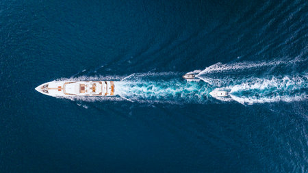 An aerial view of the yacht on the blue sea. Transparent clear water in the sea. Summer vacations and travels on a yacht. Summer relaxation.の写真素材