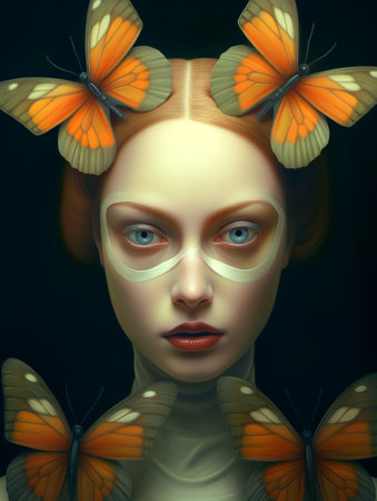 3d illustration of a woman with butterflies on her face. Conceptual image.の素材