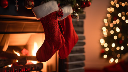 Christmas stocking near fireplace on blurred background, closeup. Festive atmosphereの素材