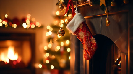 Beautiful Christmas sock hanging on fireplace in room decorated for Christmas celebrationの素材