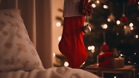 Woman in Christmas socks sitting on the bed in the room decorated for Christmasの素材