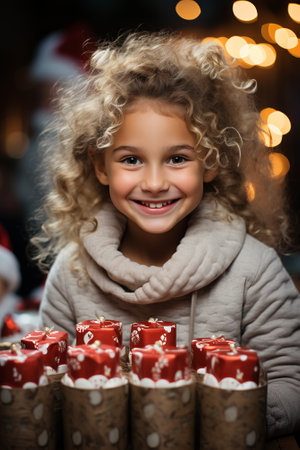 Portrait of a cute little girl with curly hair on the background of Christmas decorations.の素材