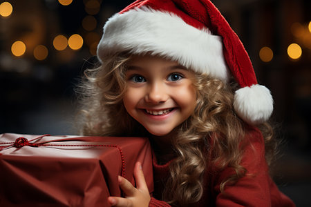 Portrait of smiling little girl in santa hat with gift boxの素材