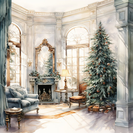 Luxury living room interior with Christmas tree, fireplace, armchair, armchair and armchair. Digital paintingの素材