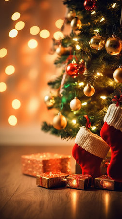 Christmas and New Year background with decorated Christmas tree, gifts and socksの素材