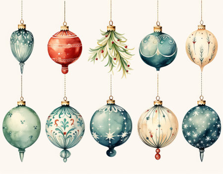 Watercolor Christmas balls. Hand drawn illustration isolated on white backgroundの素材