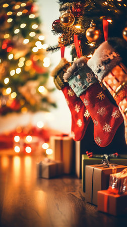 Christmas socks on the background of a decorated Christmas tree and gifts.の素材