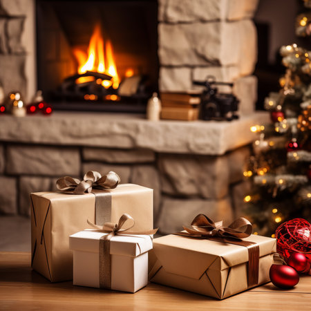 Christmas presents near fireplace on wooden table in front of Christmas treeの素材
