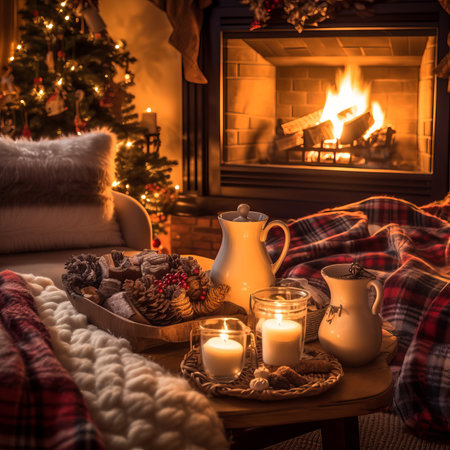 Cozy living room with fireplace and Christmas tree. Cozy winter evening.の素材