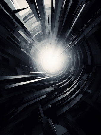 Abstract 3D illustration of a tunnel with a bright light in the centerの素材