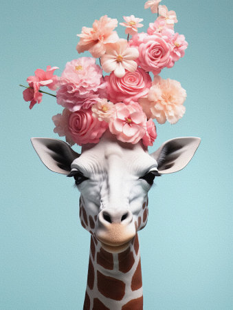 Giraffe head with flowers on blue background. 3d illustrationsの素材
