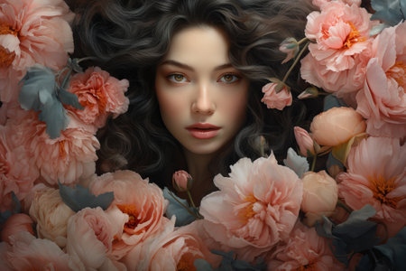 Beautiful young woman with long black curly hair and pink peony flowersの素材