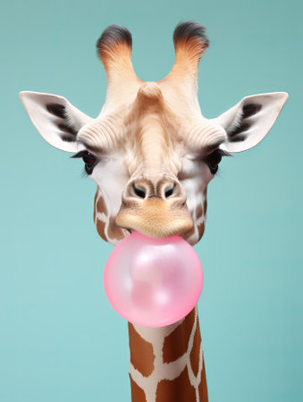 Giraffe with bubble gum isolated on blue background, 3d illustrationの素材