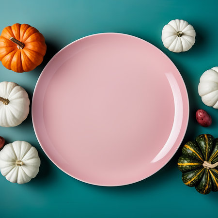 pink plate with pumpkins on turquoise background, top viewの素材