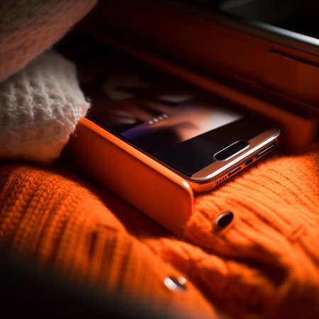 Smartphone on an orange knitted sweater in the interior of the carの素材