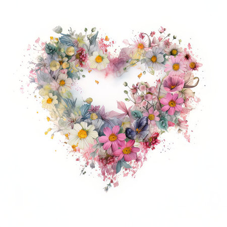 Watercolor heart with flowers. Illustration on white background for designの素材