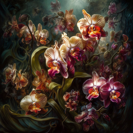 Beautiful orchid flowers on a dark background. Digital painting.の素材