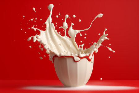 Milk splash isolated on a red background. 3d rendering.の素材